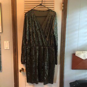 Green Crushed Velvet Wrap-Style Dress